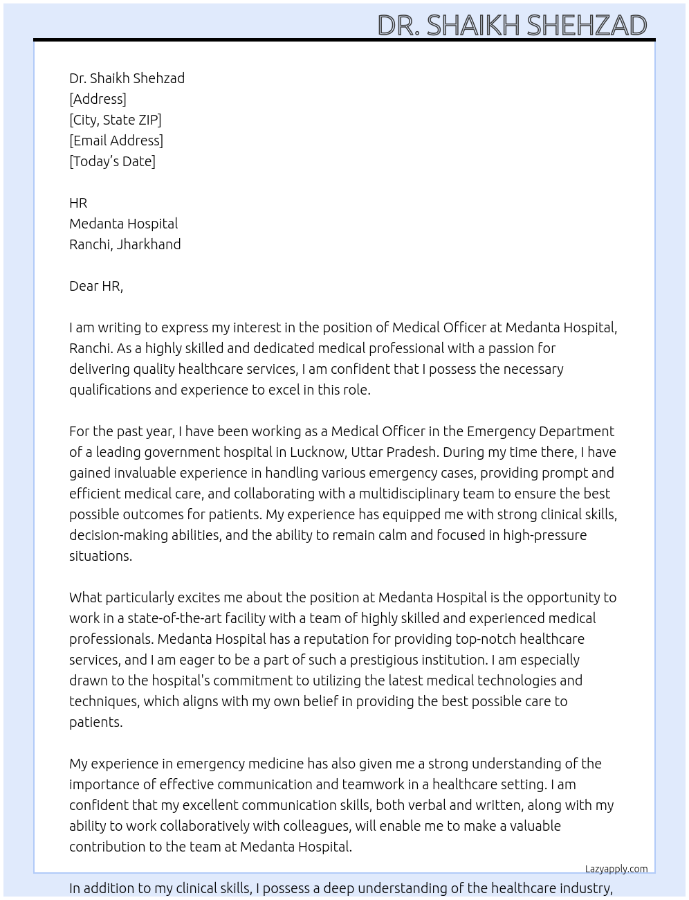 Medical Officer  At Medanta Hospital Cover Letter