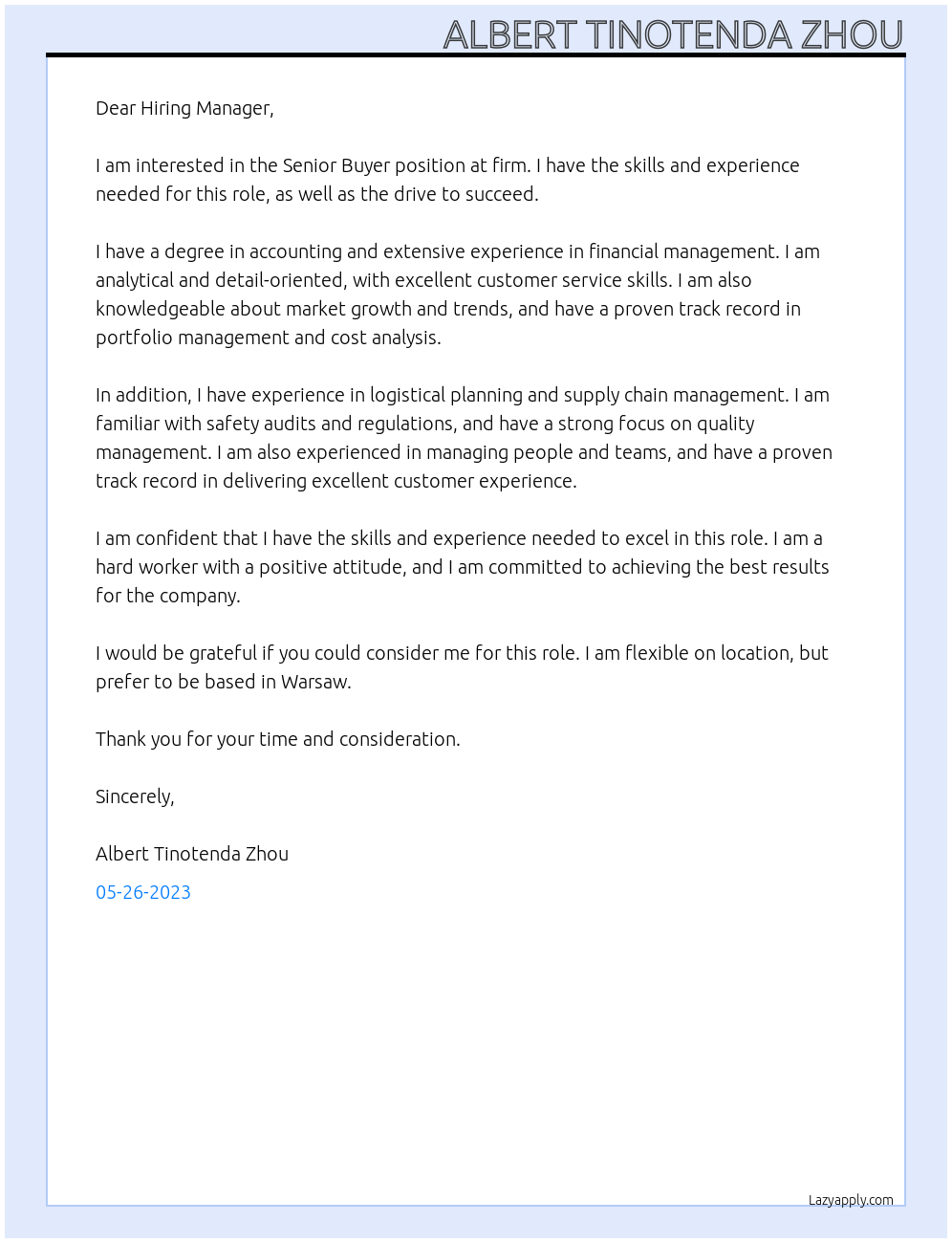 Senior Buyer At firm Cover Letter