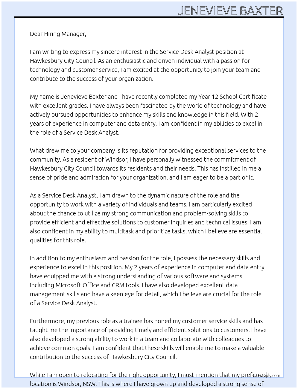 Service Desk Analyst At Hawkesbury City Council Cover Letter