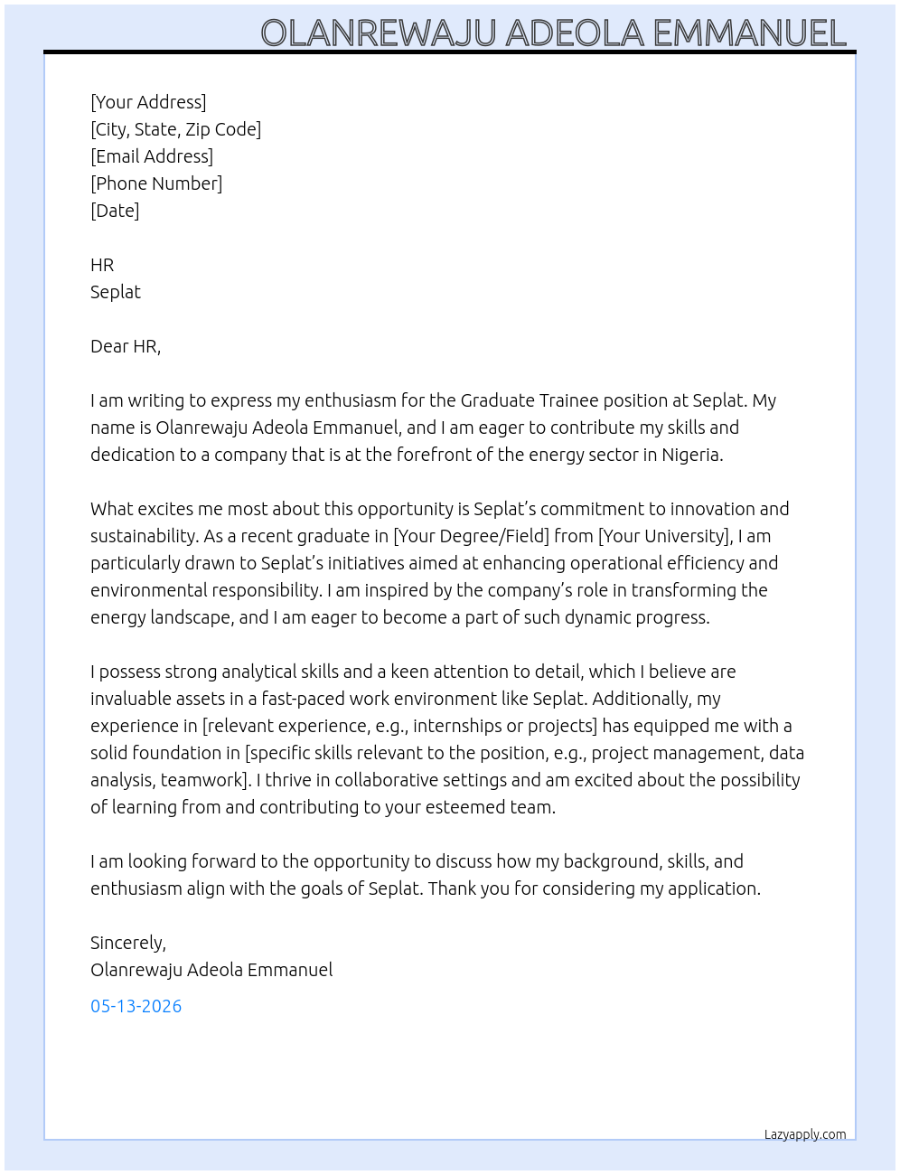 Graduate trainee At Seplat  Cover Letter