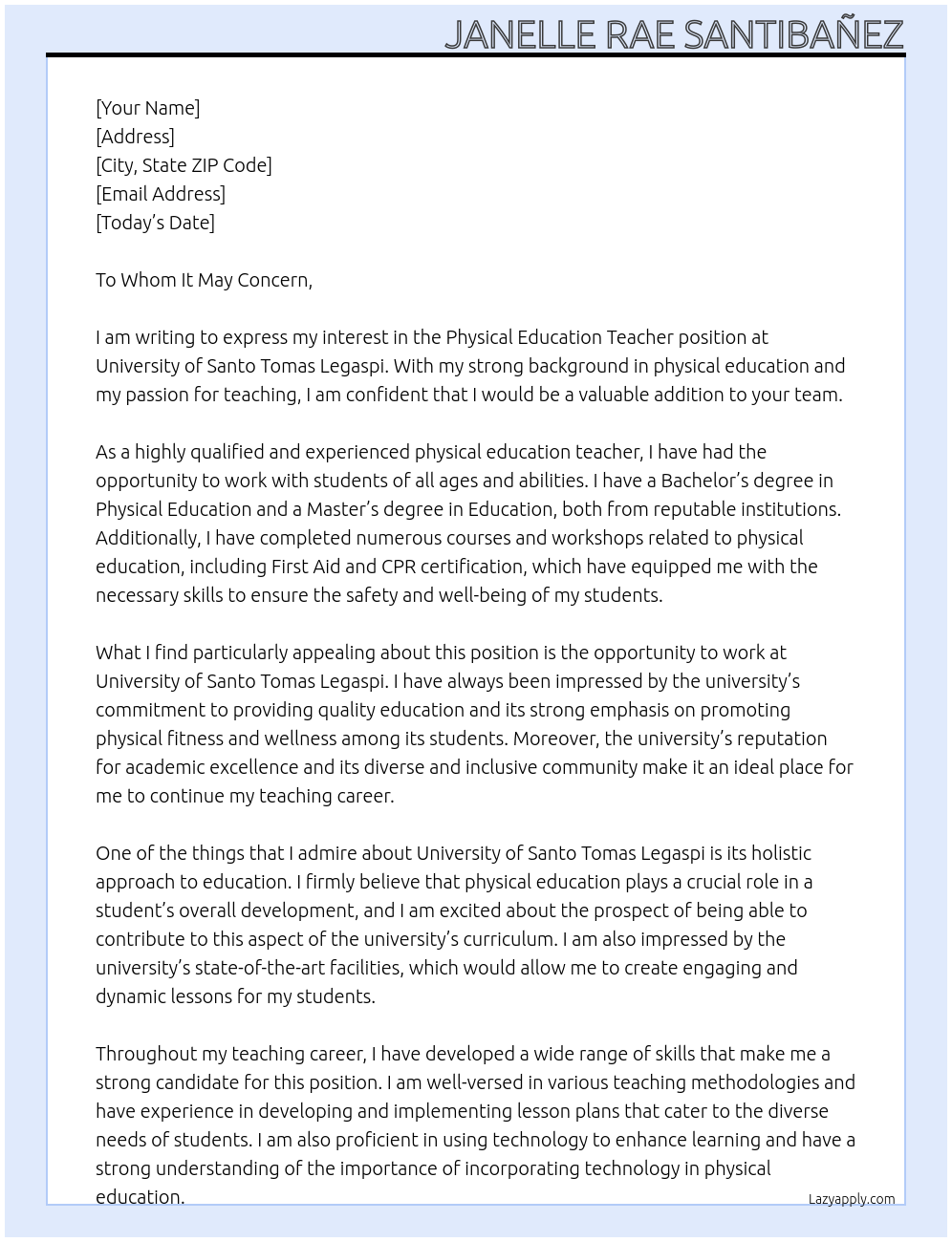 Physical Education Teacher At University of Santo Tomas Legaspi Cover Letter