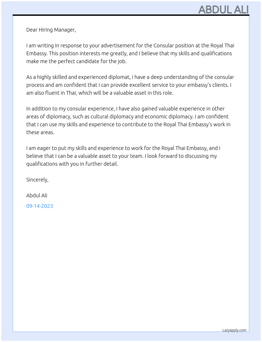 Consular At Royal Thai Embassy Cover Letter