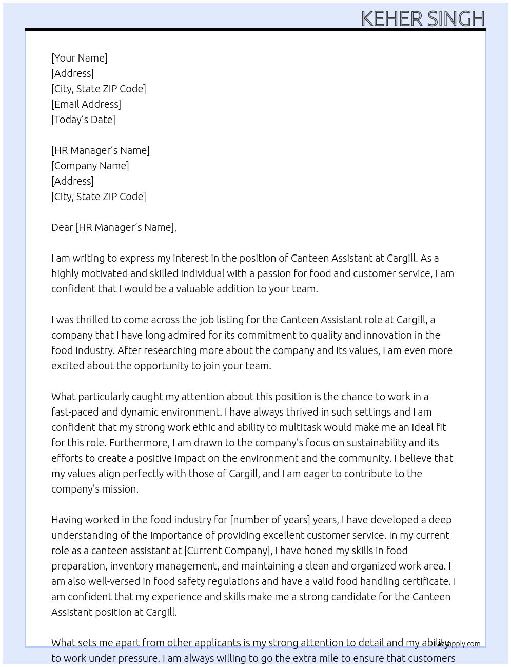 Canteen Assistant  At Cargill  Cover Letter