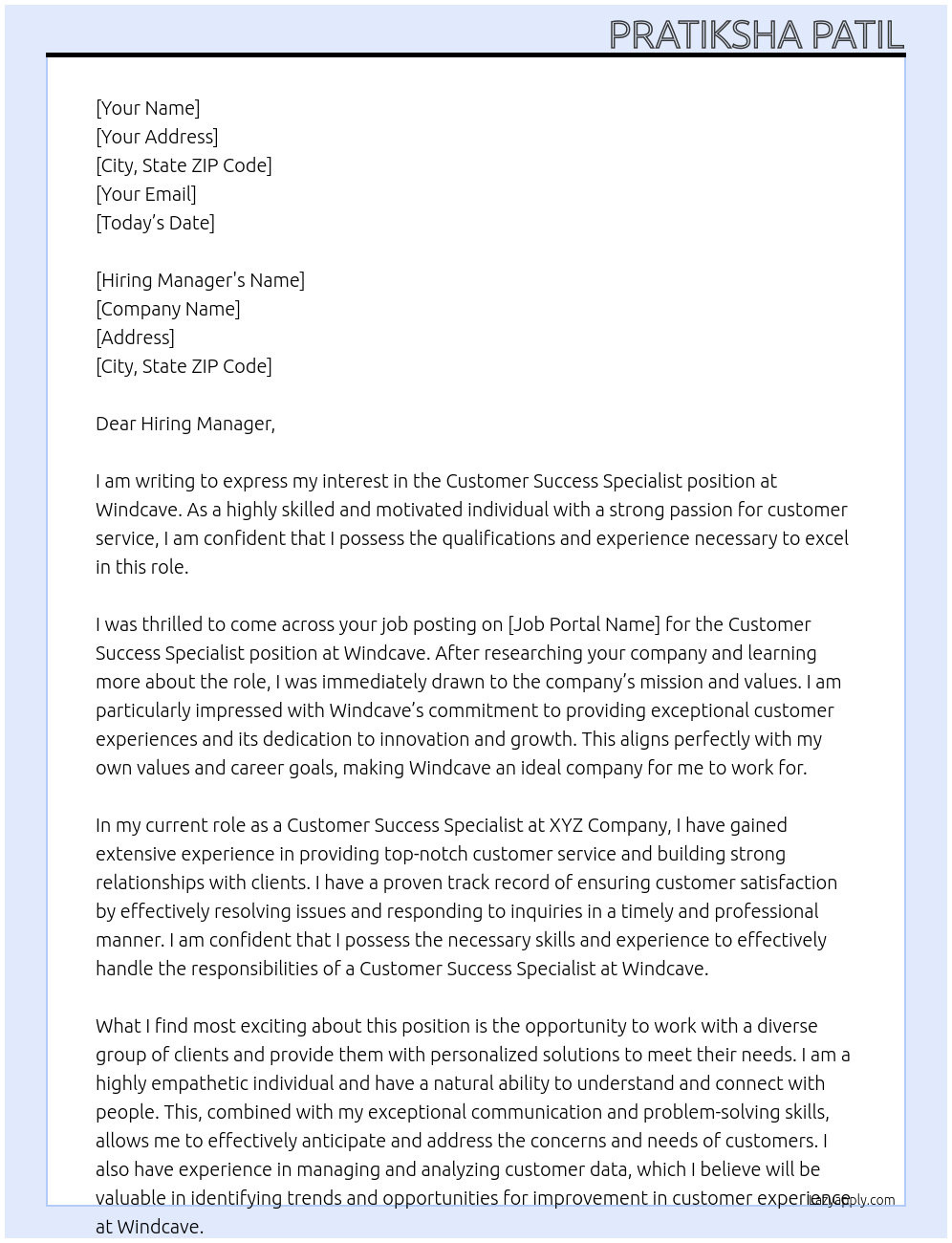 Customer Success Specialist At Windcave Cover Letter
