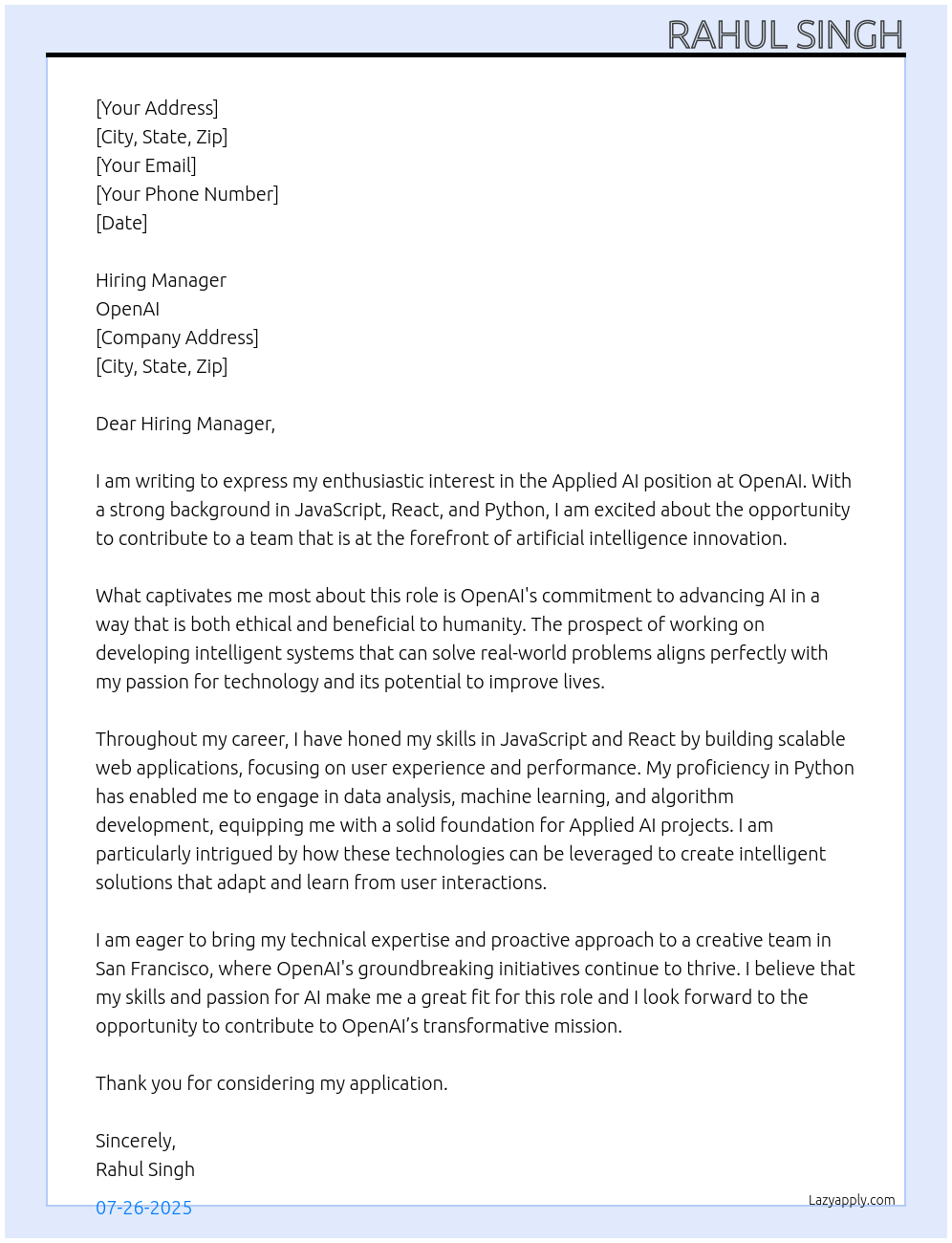 Applied AI At OpenAI Cover Letter