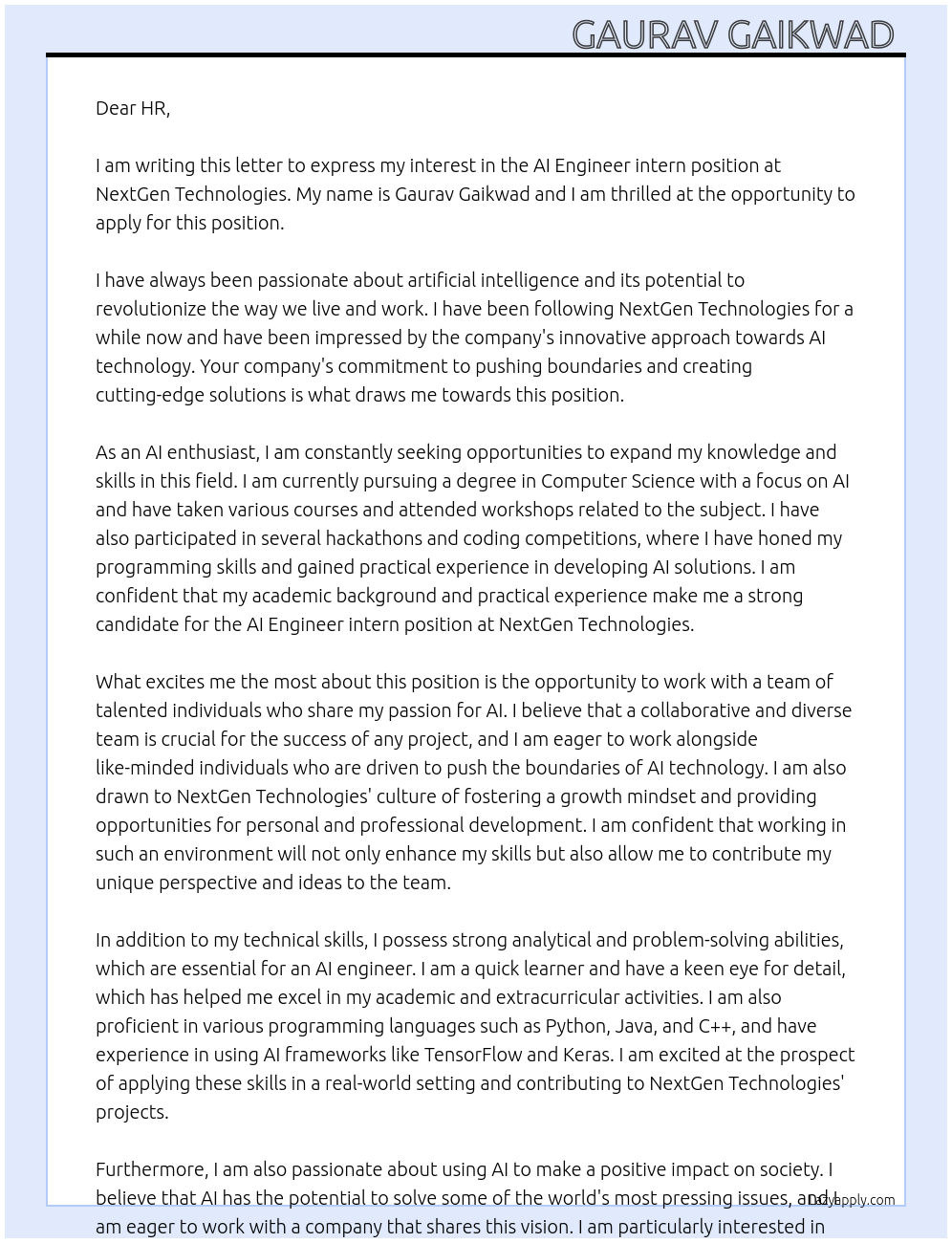 AI Engineer intern  At NextGen Technologies  Cover Letter