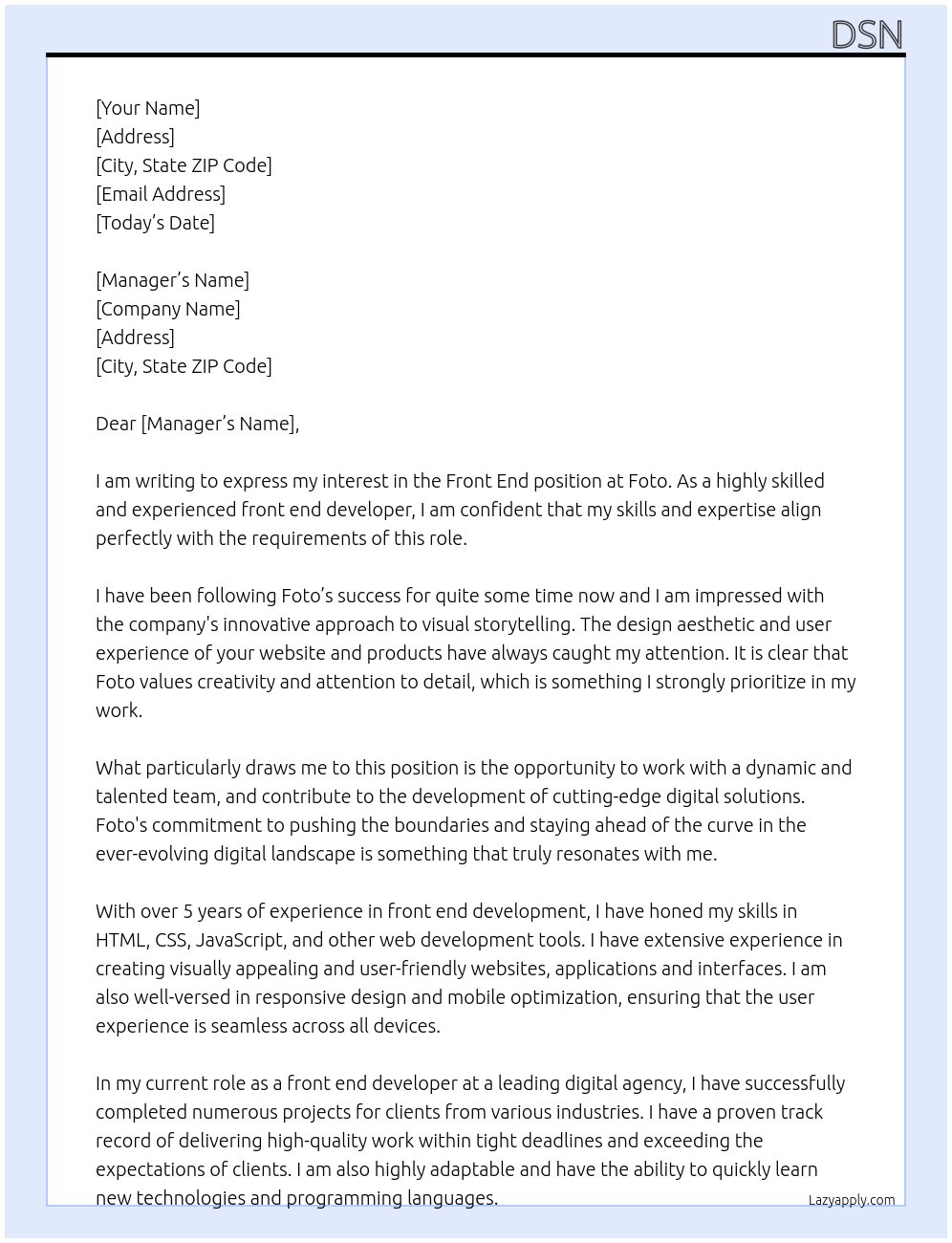front end At foto Cover Letter