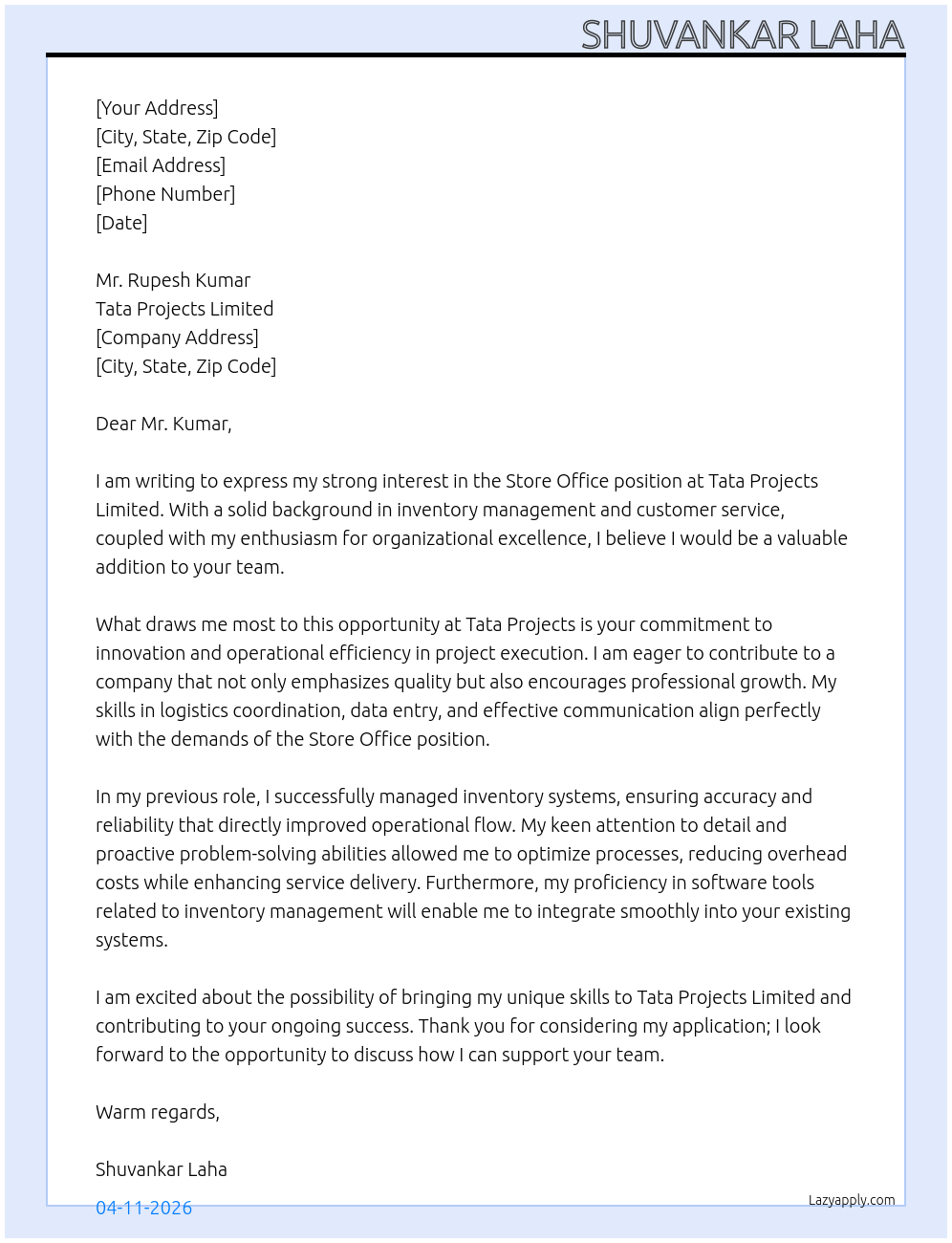 STORE OFFICE  At TATA PROJECTS LIMITED Cover Letter