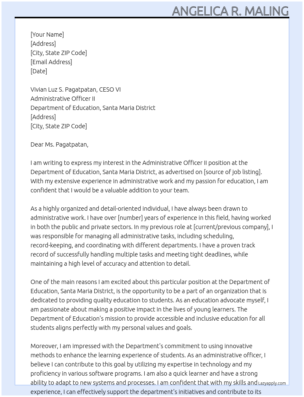 Administrative officer II At Department of Education, Santa Maria District Cover Letter