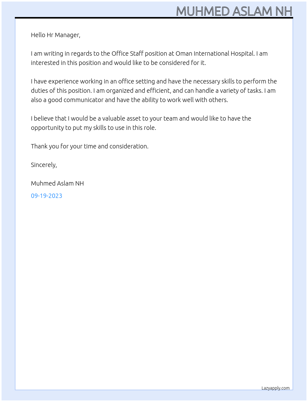 Office Staff At Oman International Hospital Cover Letter