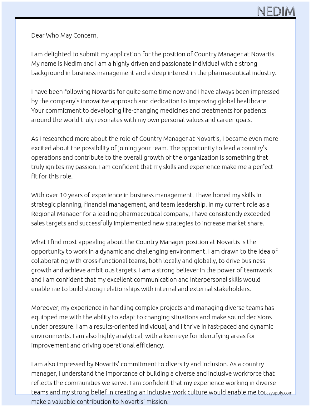 country manager At Novartis Cover Letter