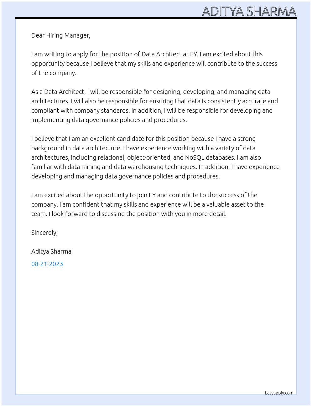 Data Architect At EY Cover Letter