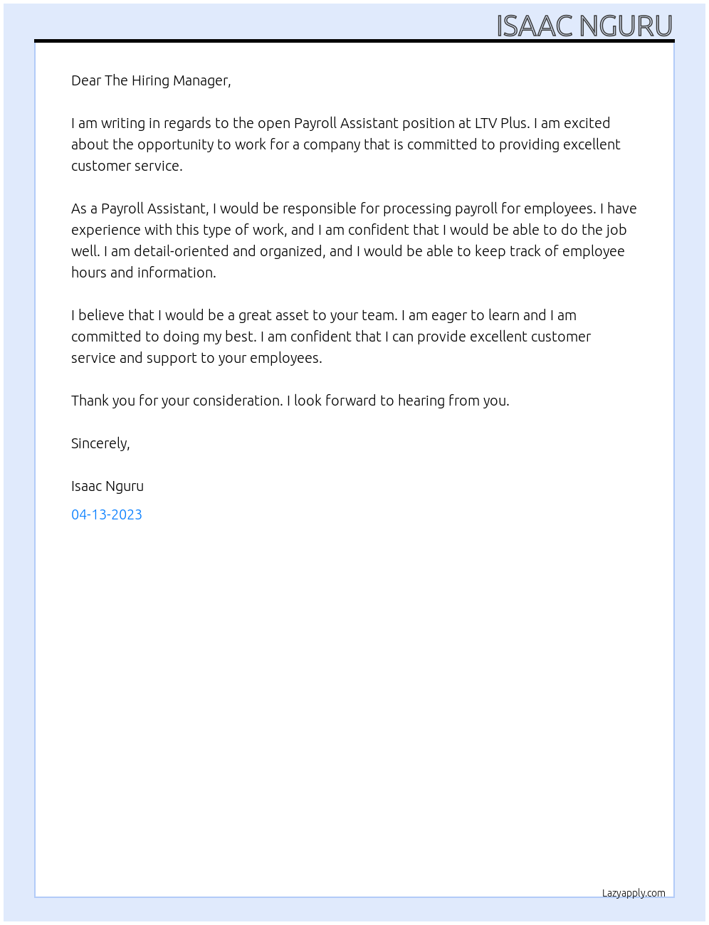 Payroll Assistant At LTV plus Cover Letter