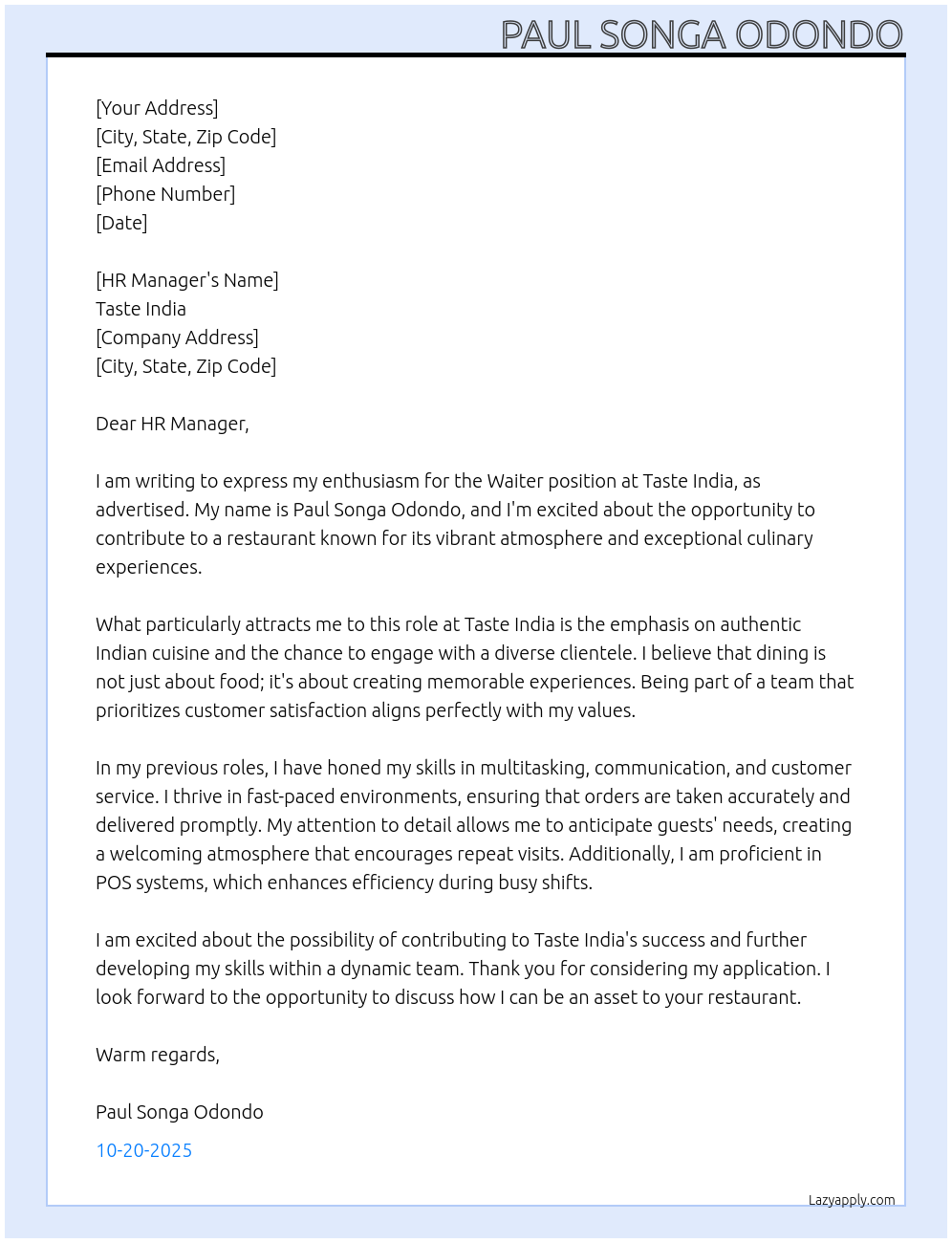 Waiter At Taste india Cover Letter