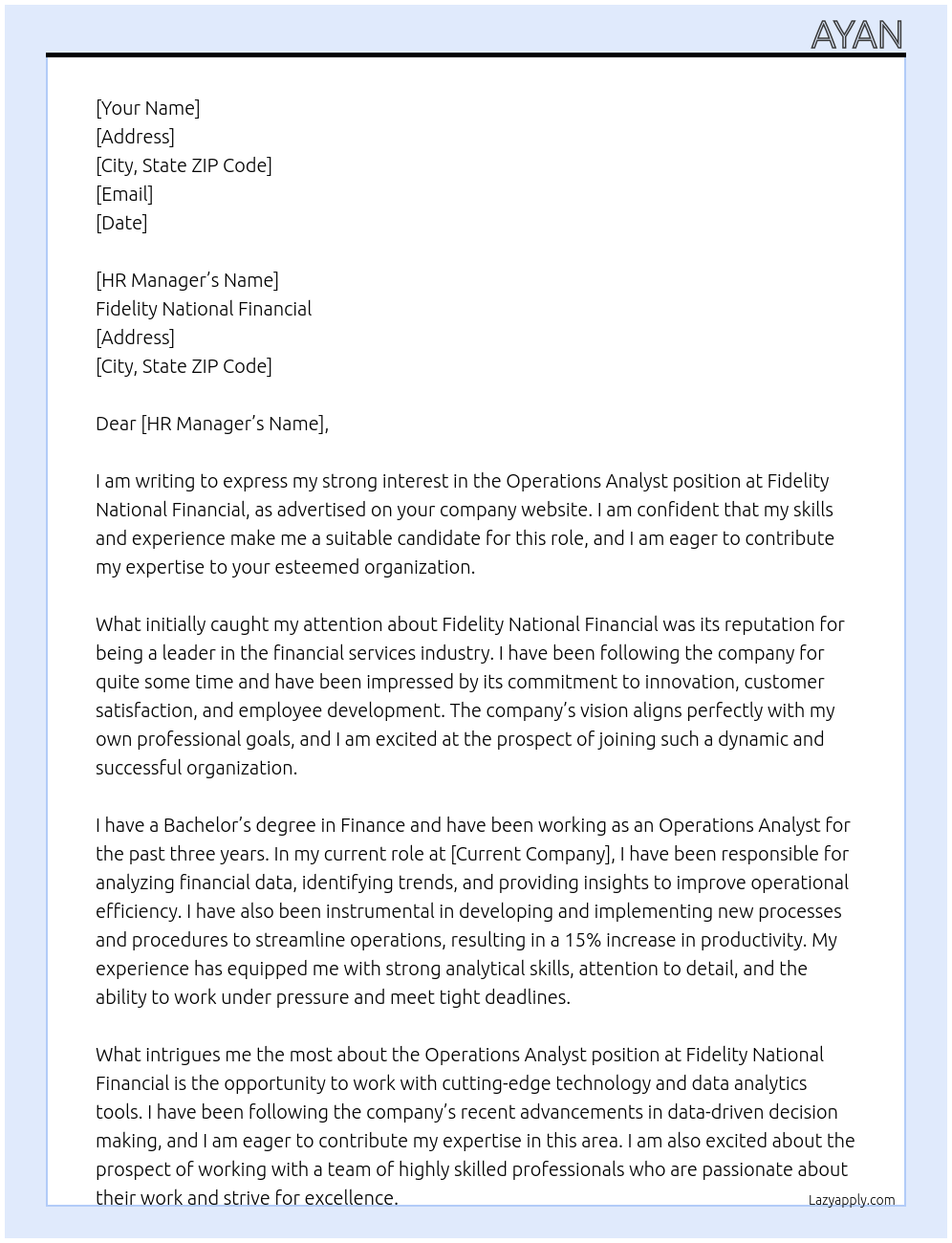 Operations analyst At Fidelity National Financial Cover Letter