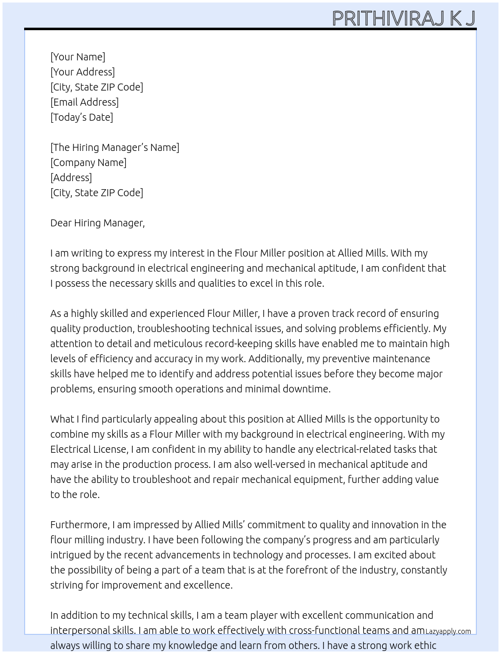 Flour Miller  At Allied Mills Cover Letter