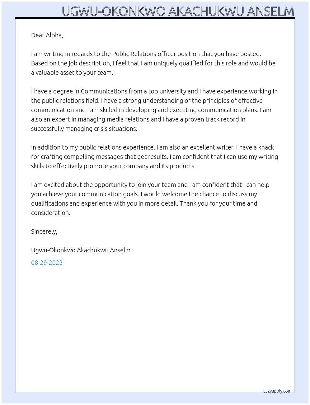 Public Relations officer  At Alpha Cover Letter