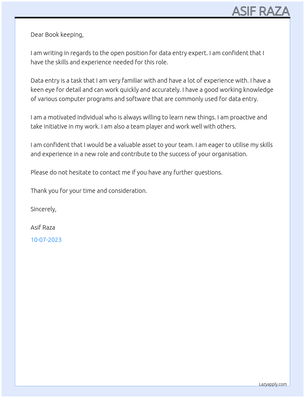 Data entry expert At Book keeping Cover Letter