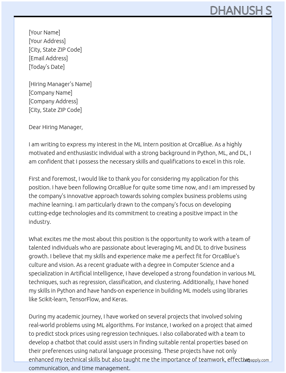 ML Intern At OrcaBlue Cover Letter