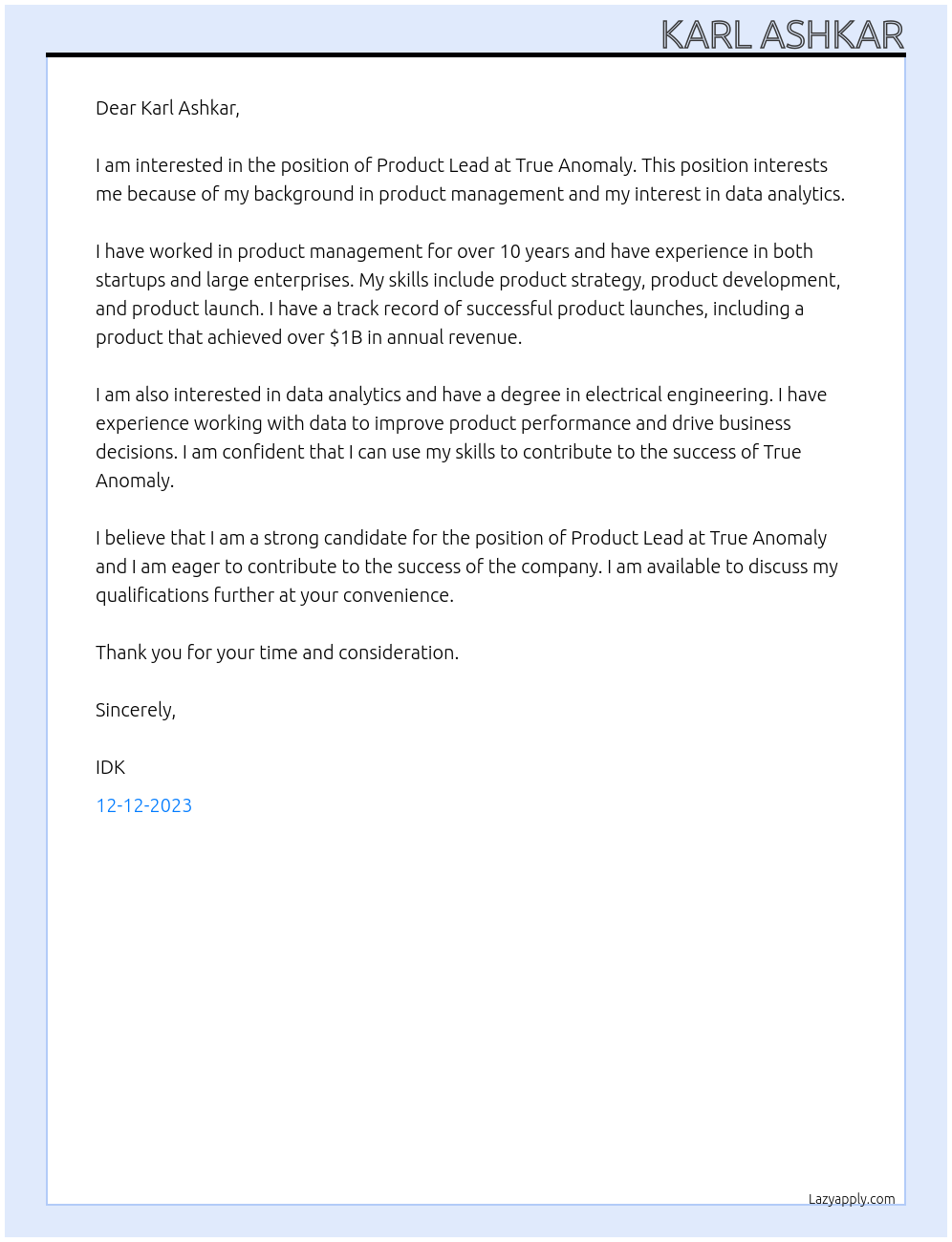 Product Lead At True Anomaly Cover Letter
