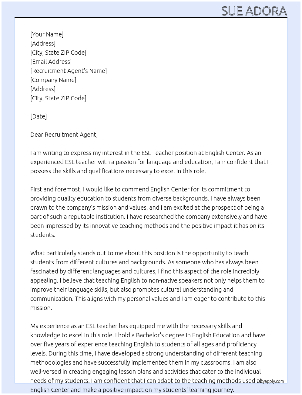 ESL Teacher At English Center Cover Letter