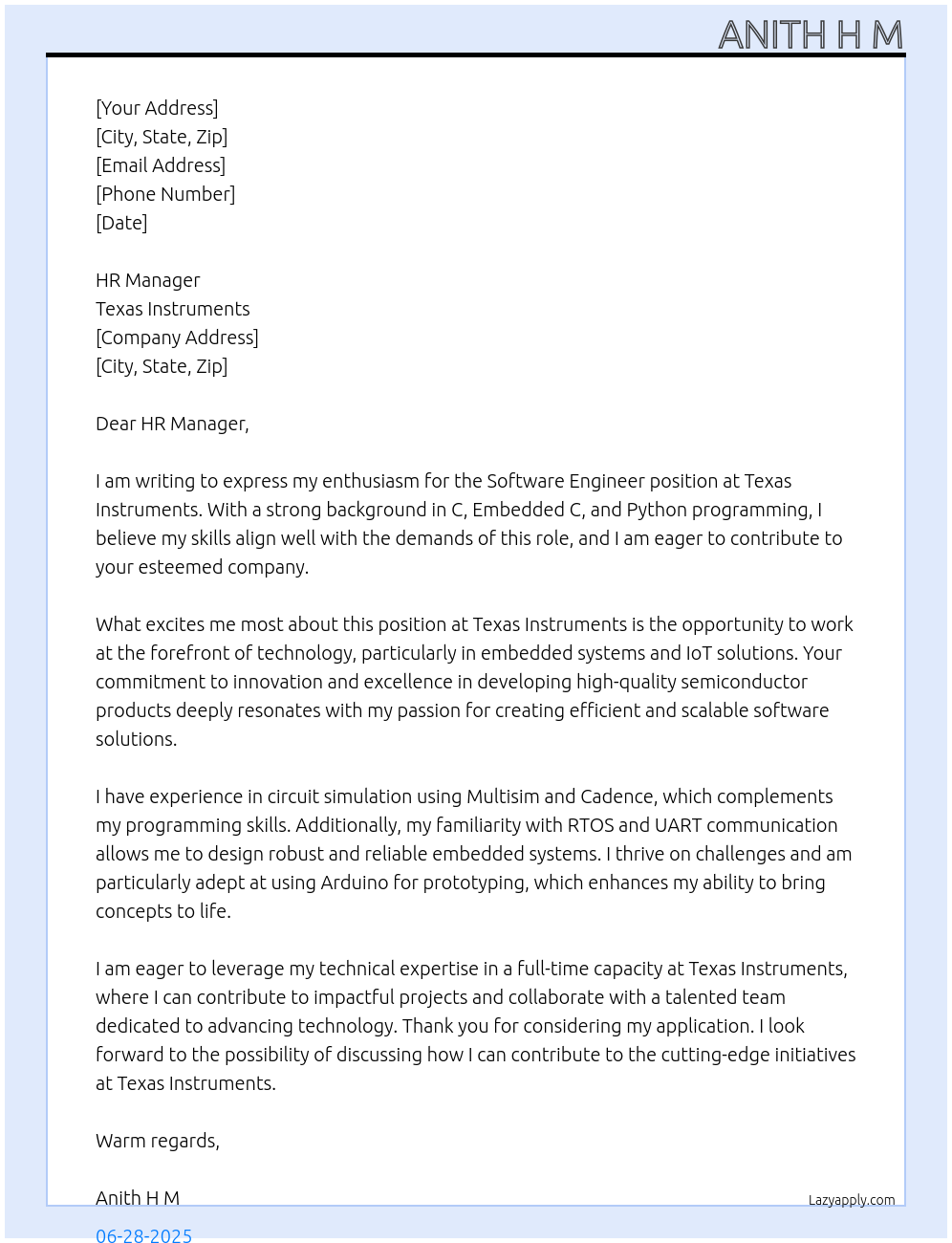 software engineer At Texas Instruments Cover Letter