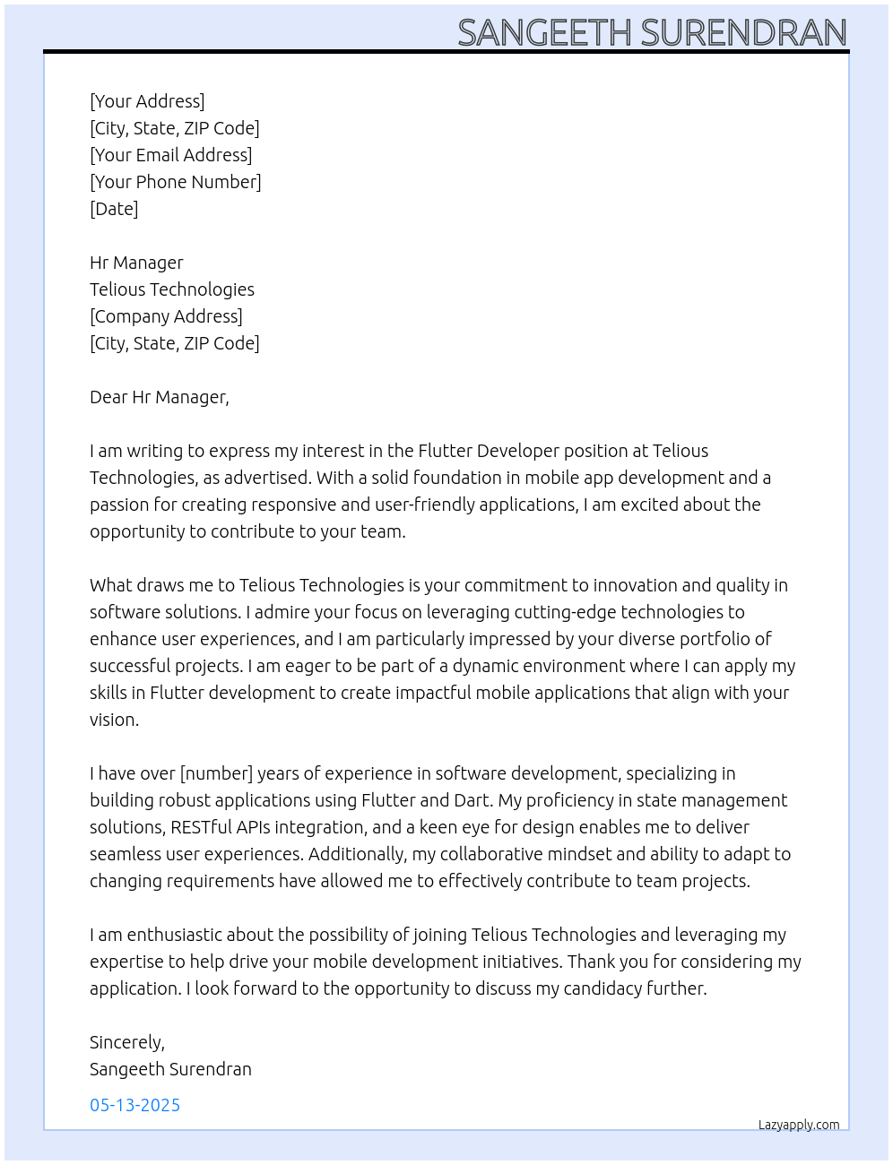 Flutter Developer At Telious Technologies Cover Letter