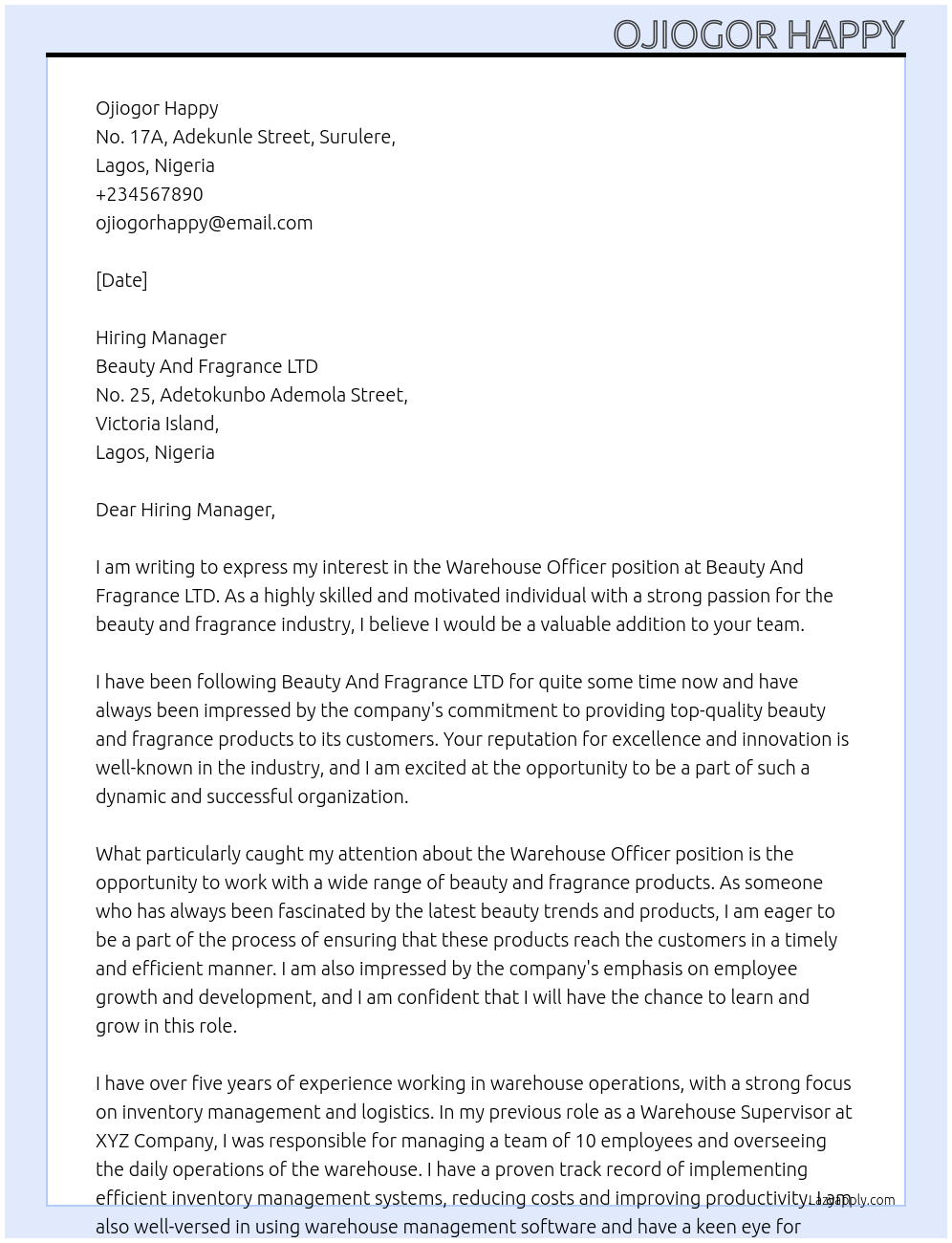 Warehouse Officer At Beauty And Fragrance LTD Cover Letter
