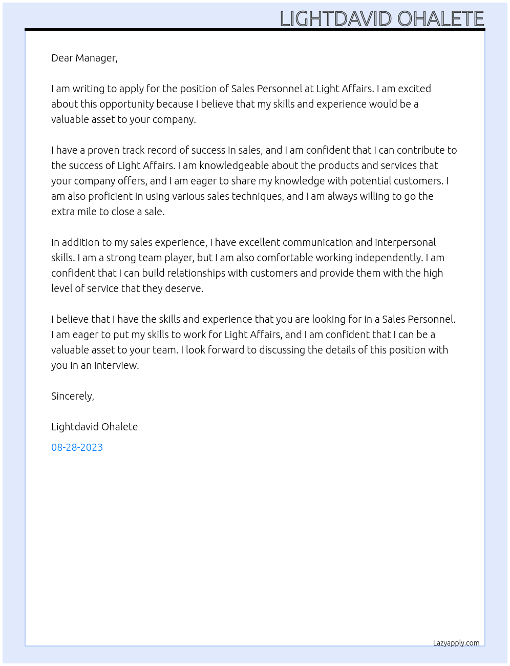 Sales personnel At Light affairs Cover Letter