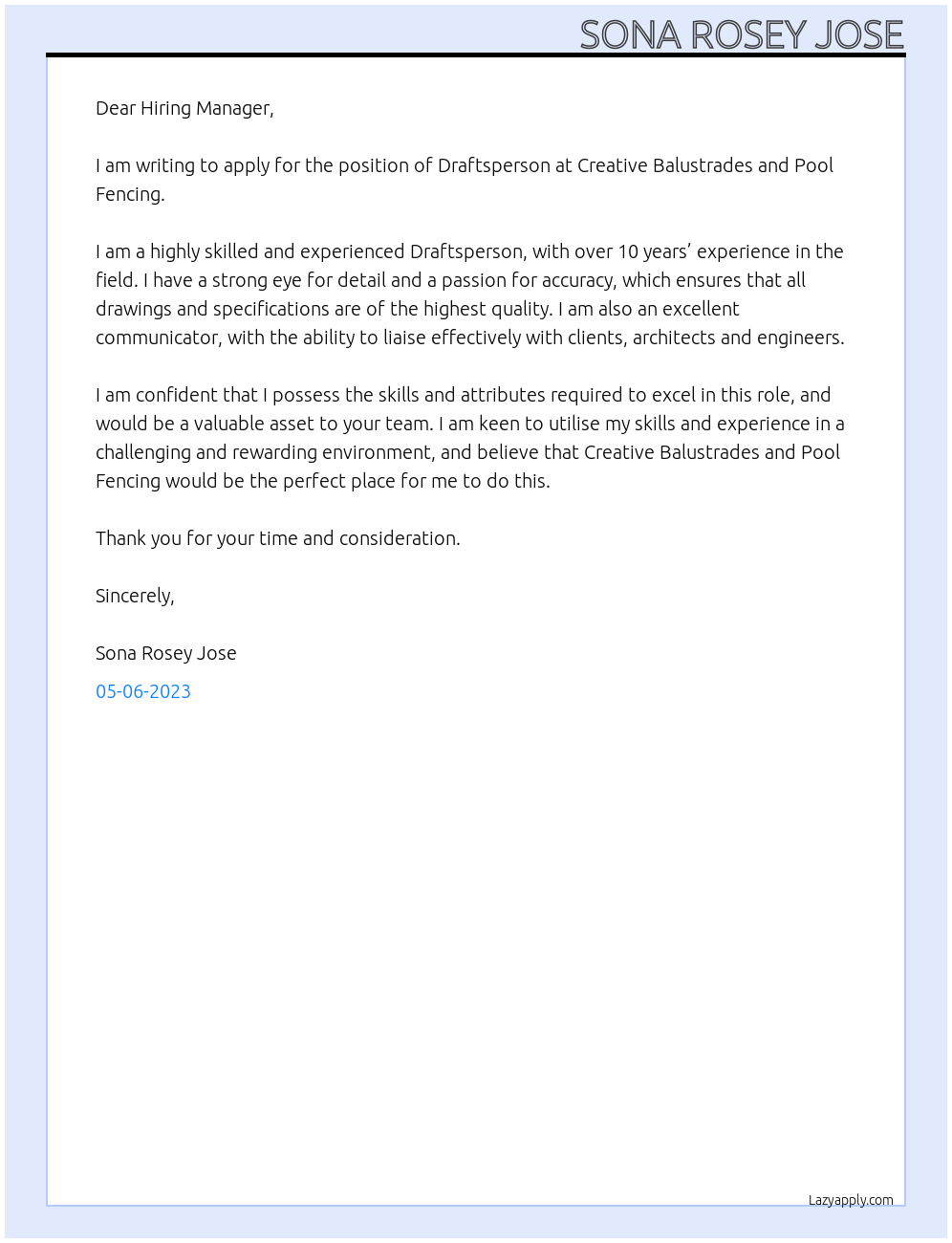 Draftsperson At Creative Balustrades and Pool Fencing Cover Letter