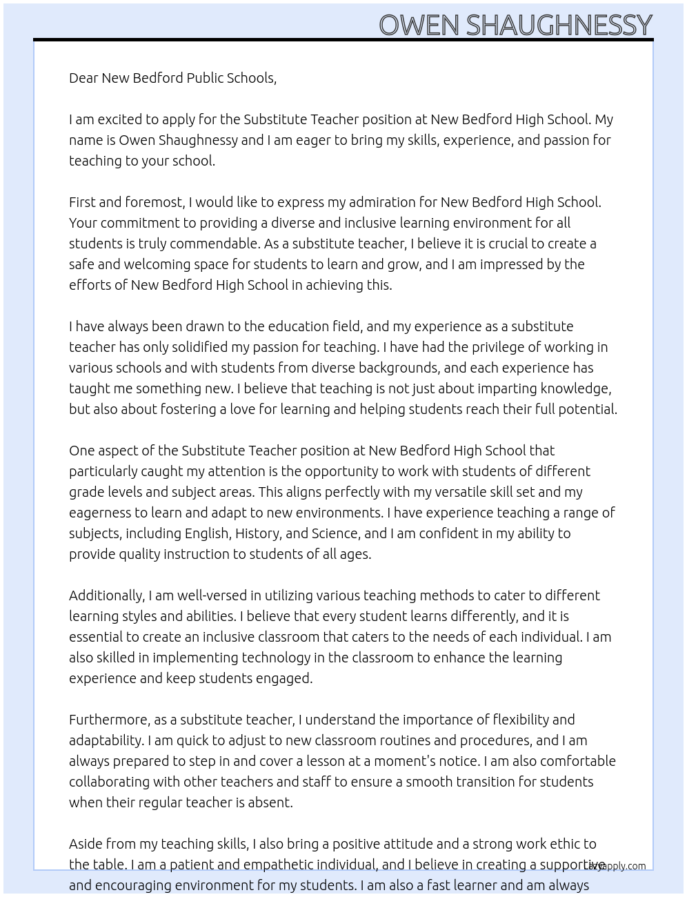 Substitute teacher At New Bedford Hish School Cover Letter