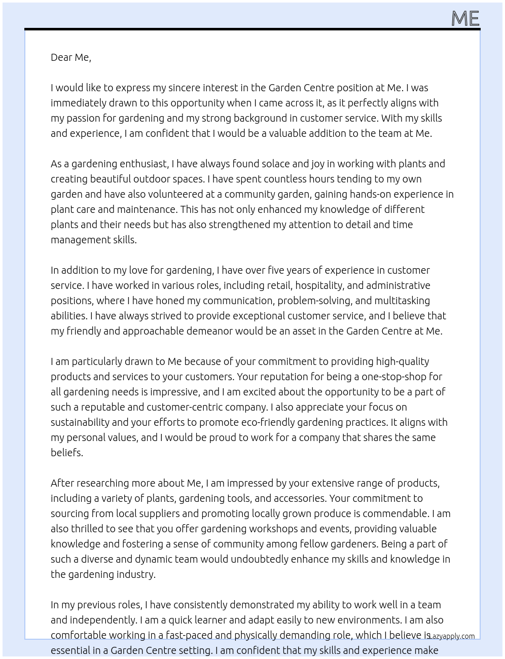 garden centre At me Cover Letter