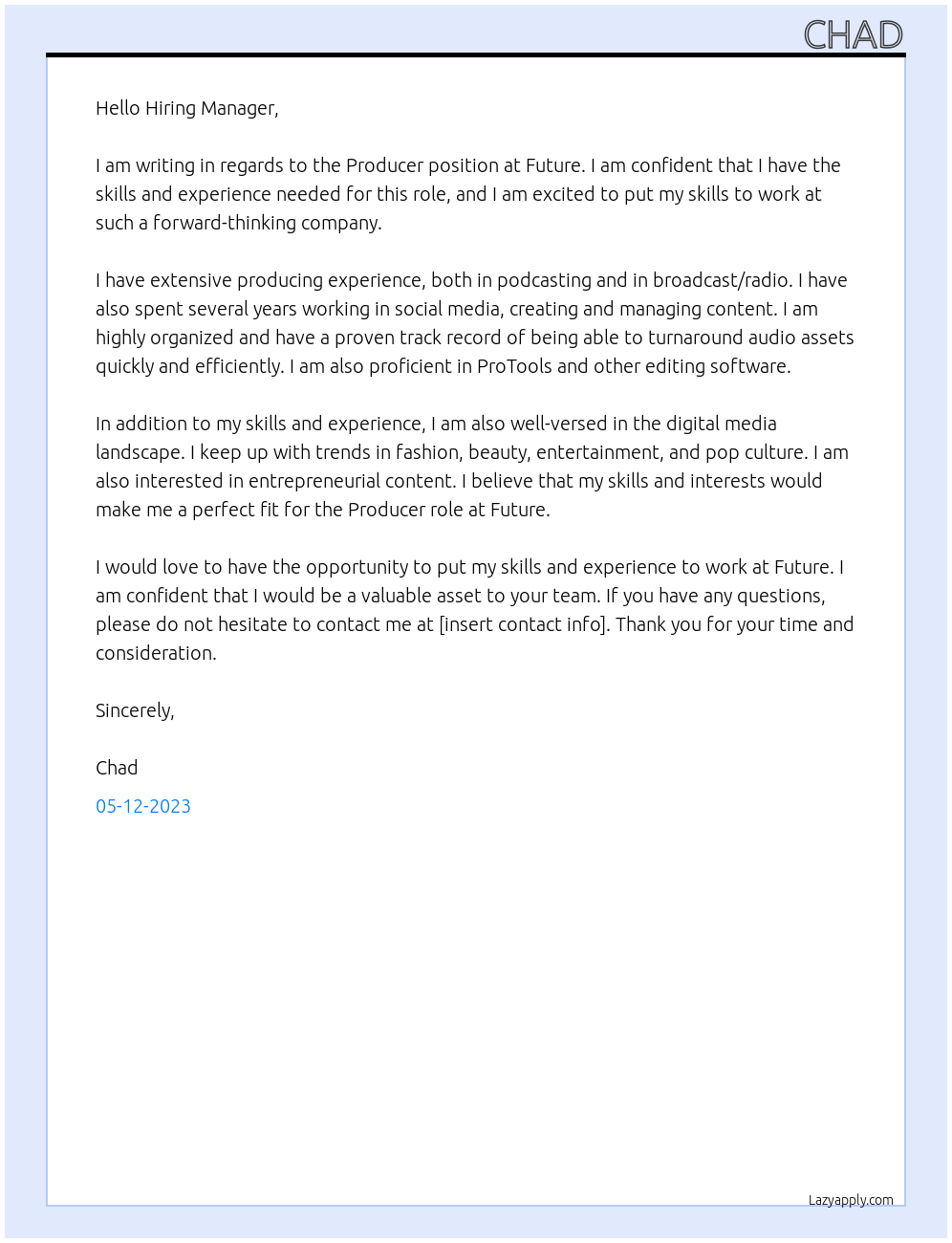 Producer  At Future Cover Letter