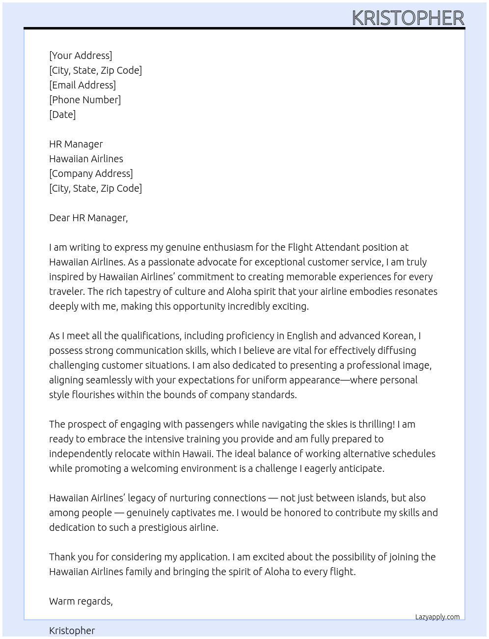 Flight Attendant At Hawaiian Airlines Cover Letter