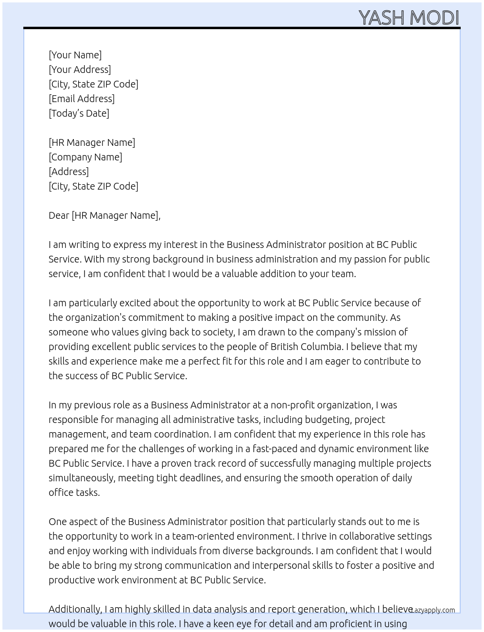 Business Administrator At BC Public service Cover Letter