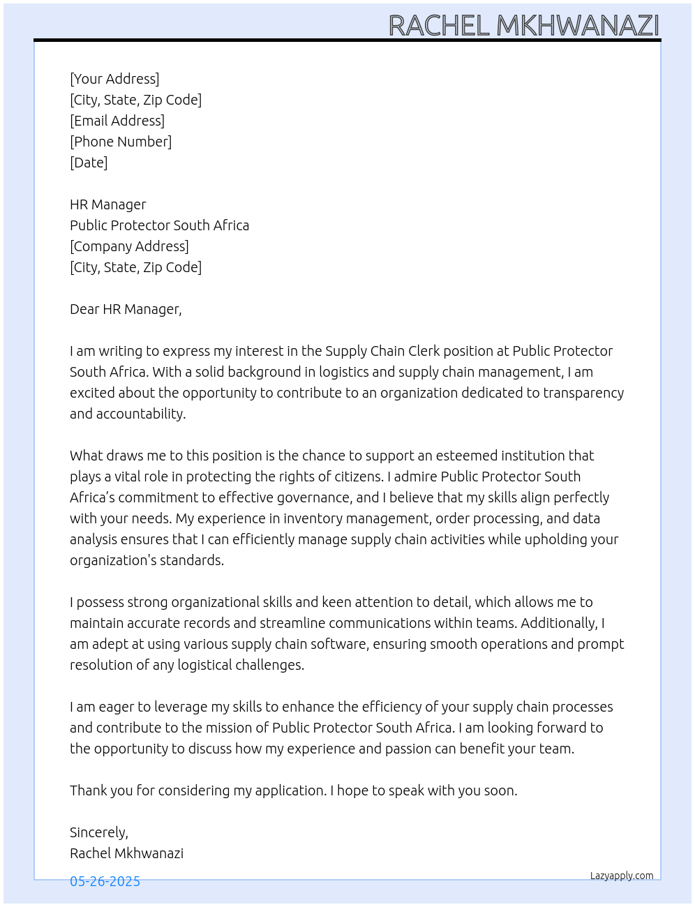 Supply Chain Clerk At Public Protector South Africa Cover Letter