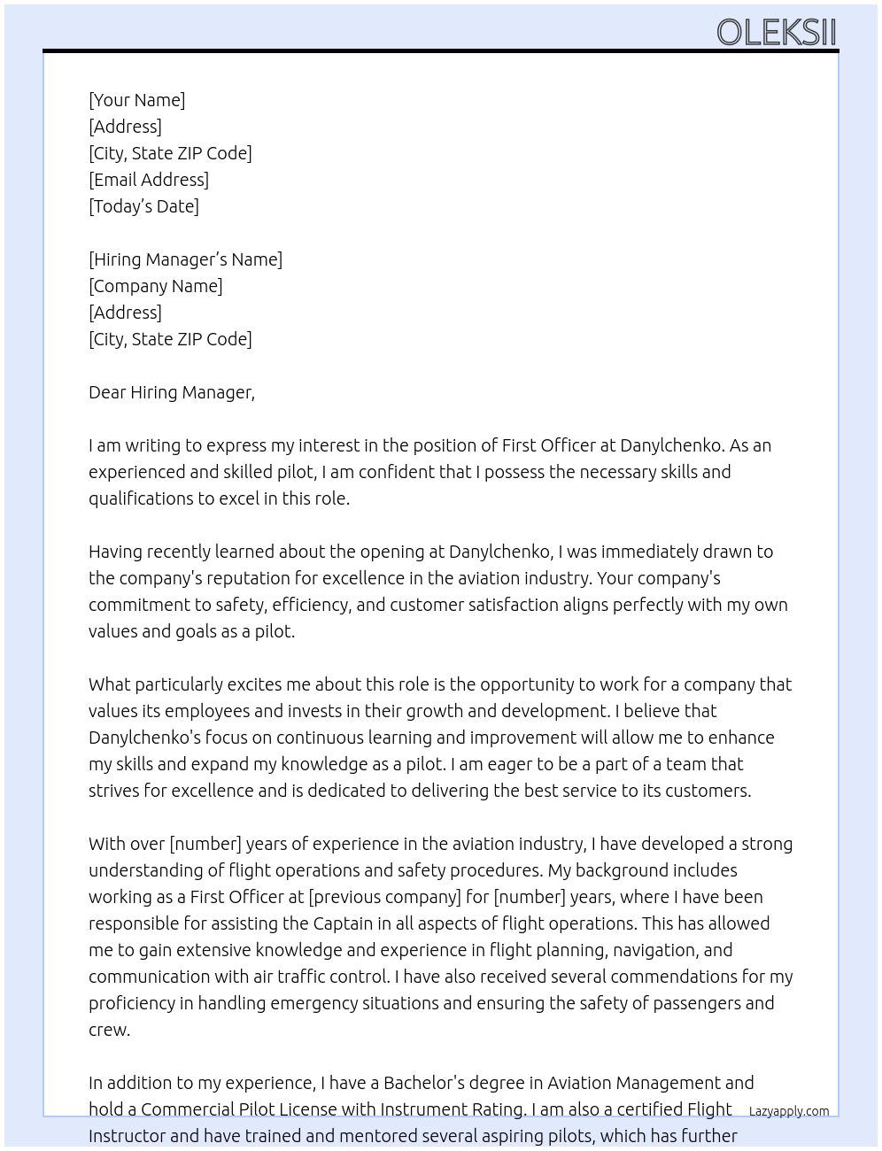 First officer At Danylchenko Cover Letter