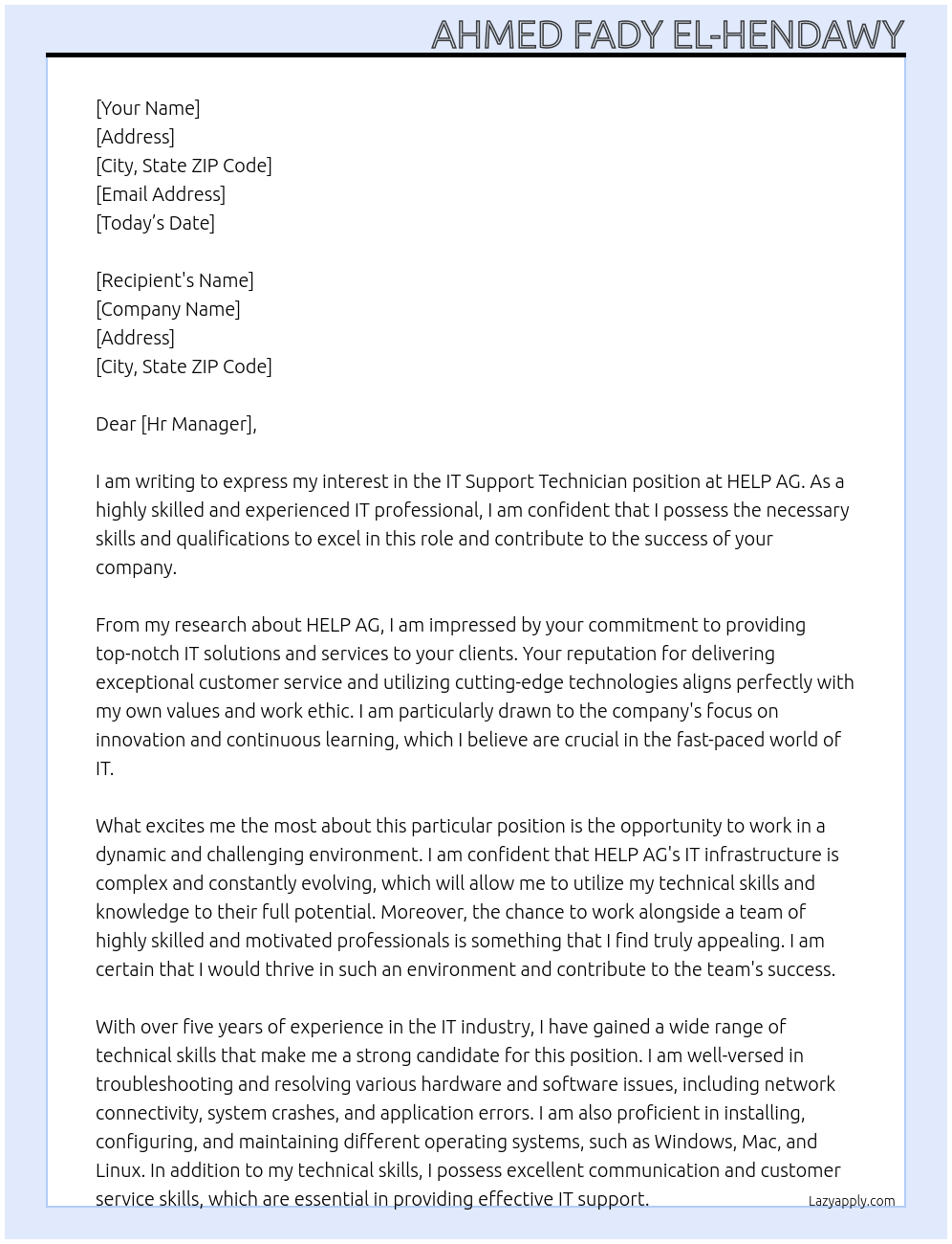 IT Support Technician At HELP AG Cover Letter