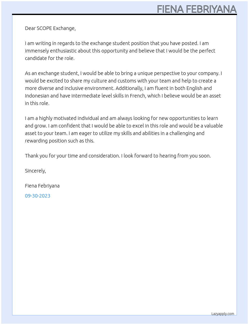 exchange student At SCOPE Exchange Cover Letter