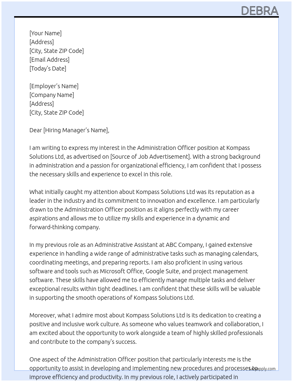 Administration officer At Kompass solutions Ltd Cover Letter