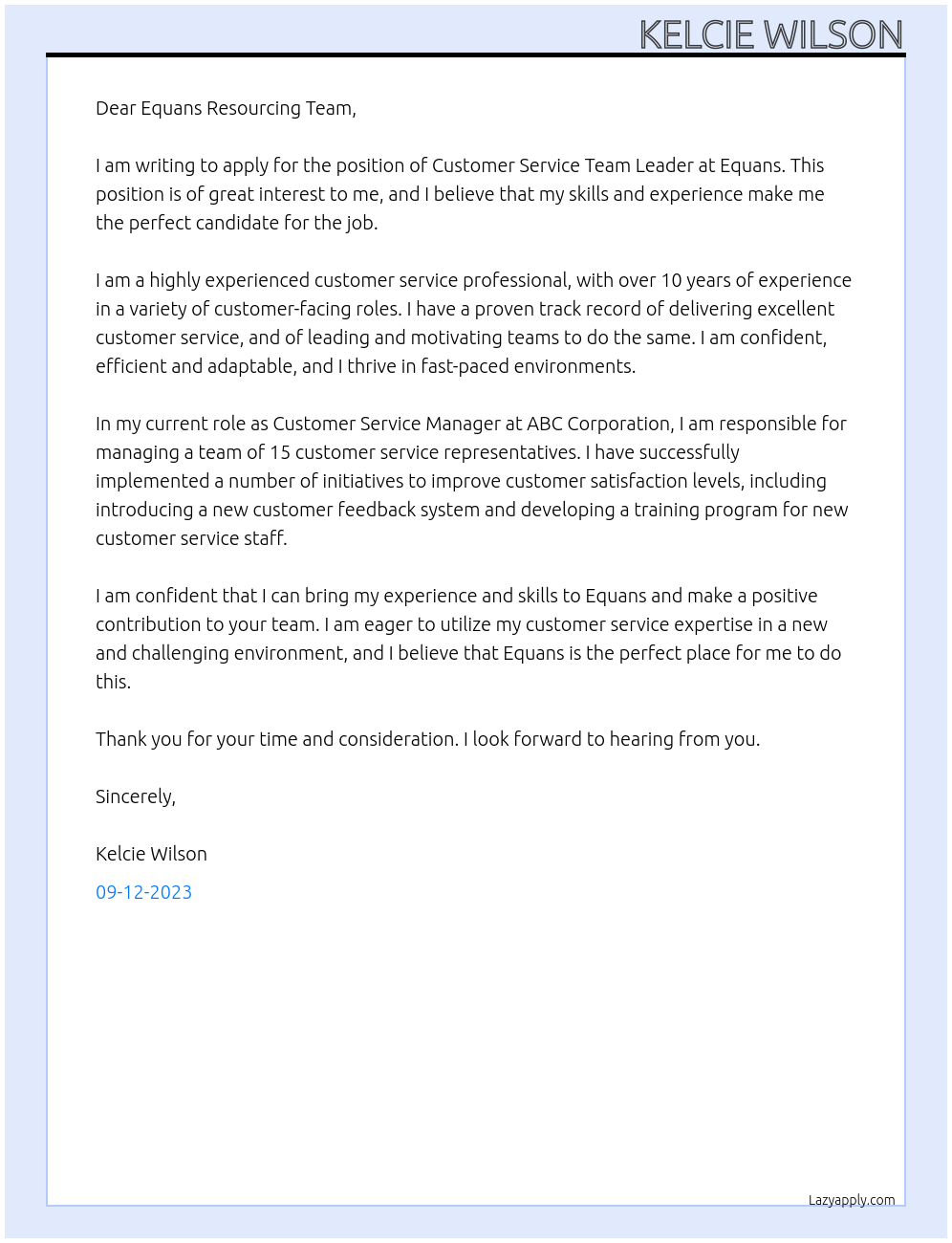 Customer Service Team Leader At Equans Cover Letter
