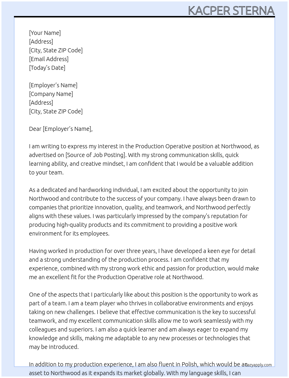 Production Operative At Northwood Cover Letter