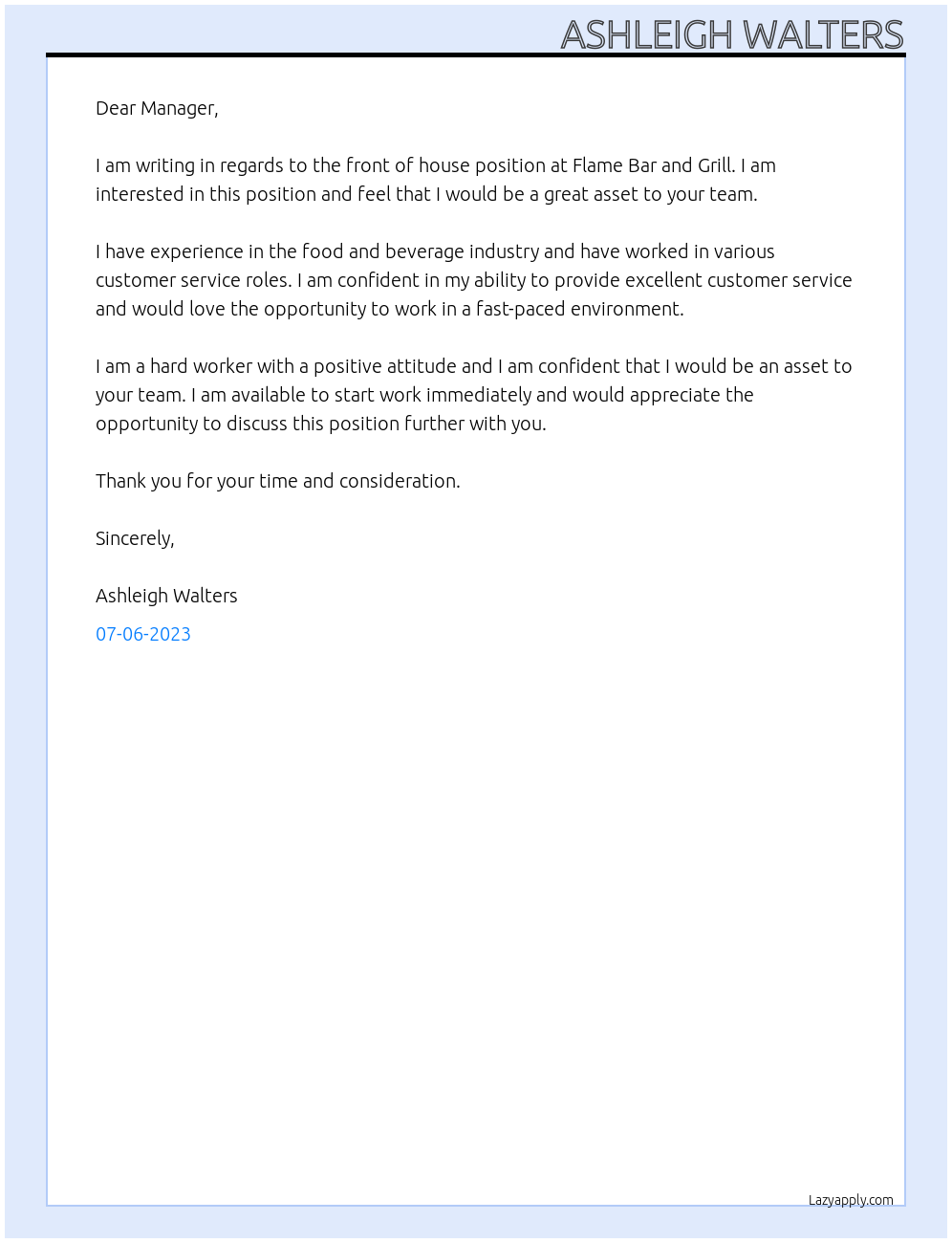 front of house At Flame Bar and Grill Cover Letter