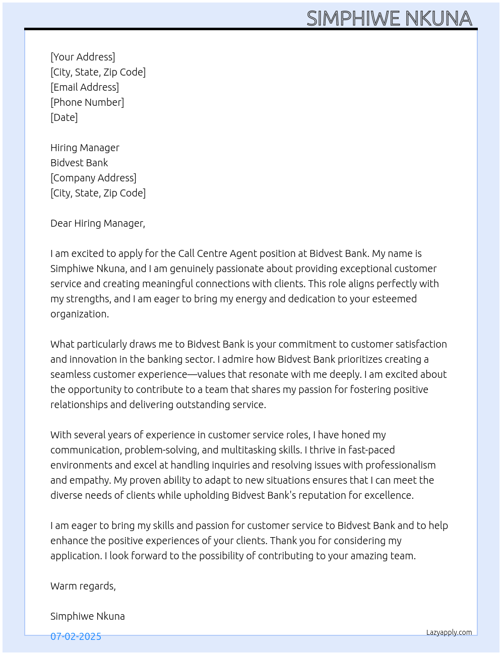 Call Centre Agent  At Bidvest Bank  Cover Letter