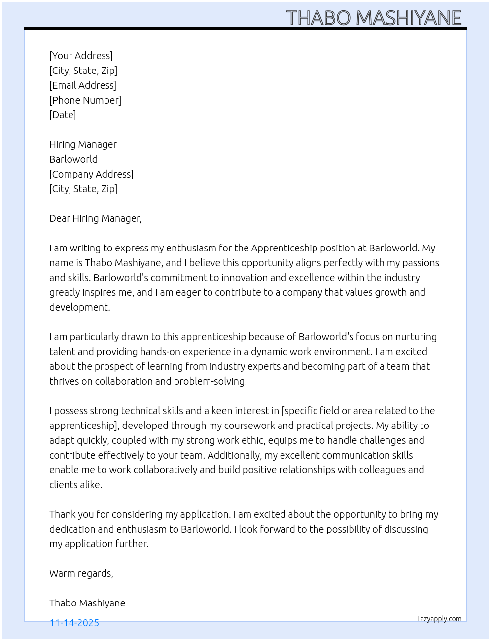 Apprenticeship At Barloworld Cover Letter