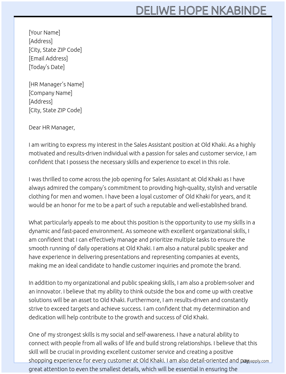 Sales Assistant At Old khaki Cover Letter