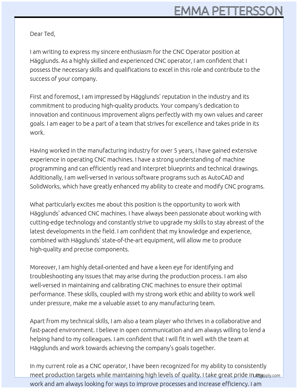 CNC Operator At Hägglunds Cover Letter