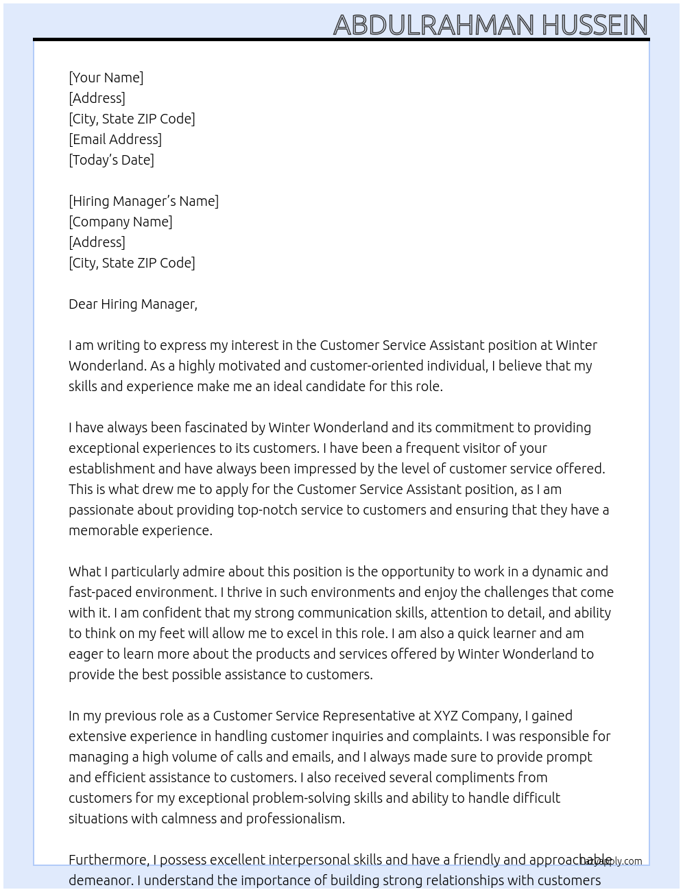 Customer Service Assistant At Winter Wonderland Cover Letter