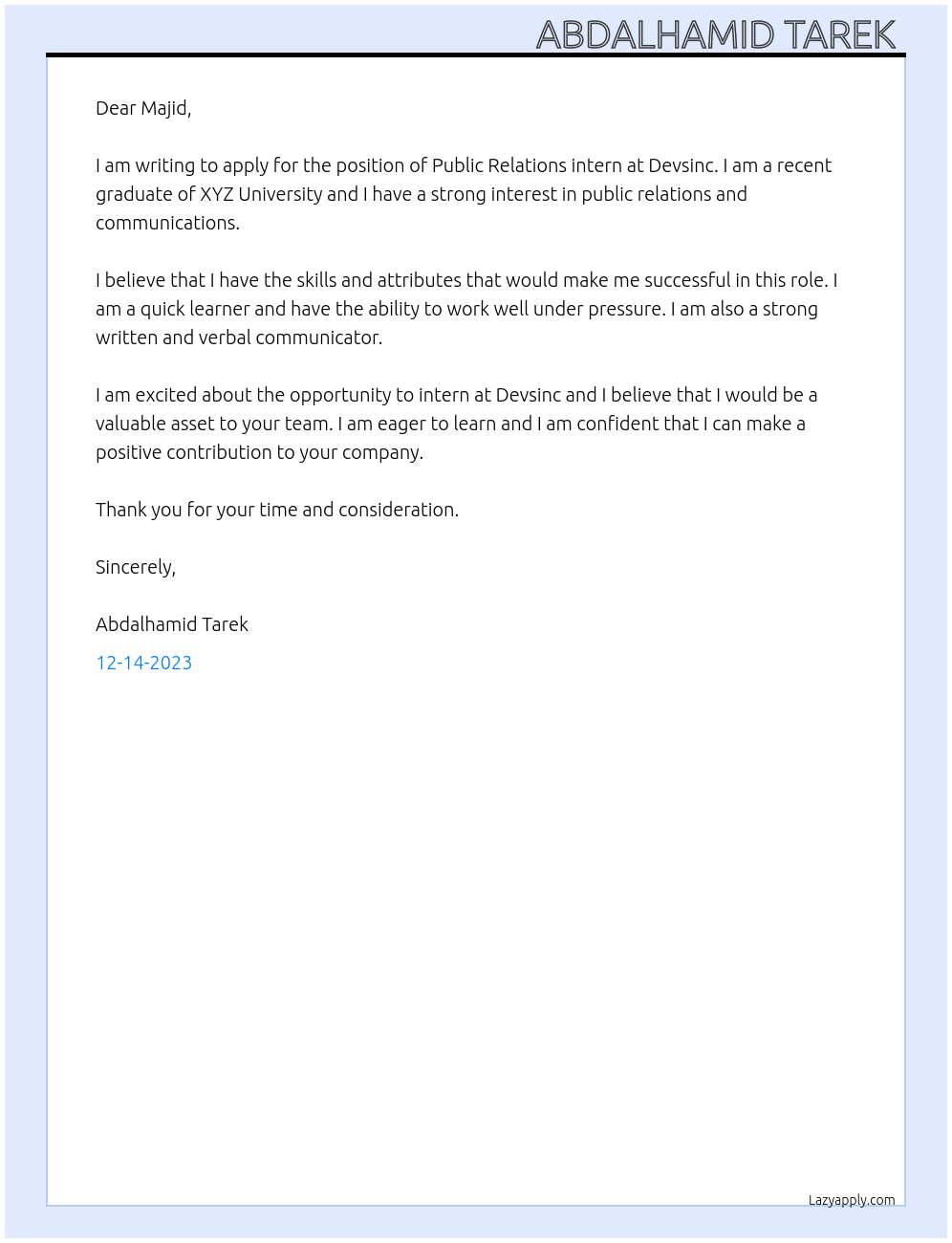 Public Relations intern At Devsinc Cover Letter