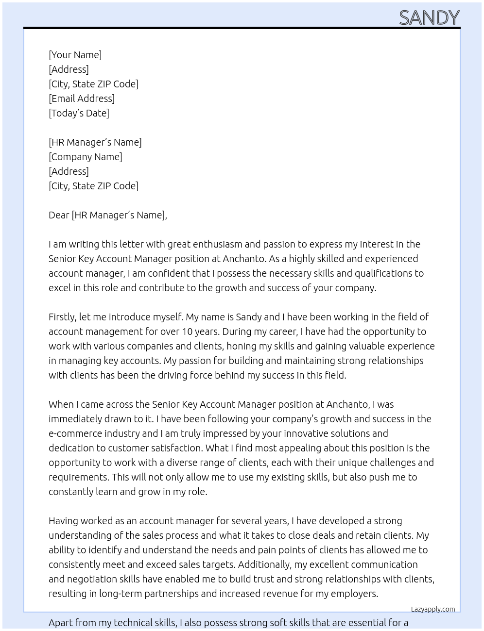 Senior Key Account Manager At Anchanto Cover Letter